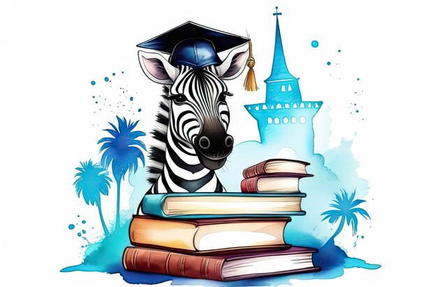 Aquarell-Illustration süßes Zebra mit Abschlussmütze und umgeben von Büchern