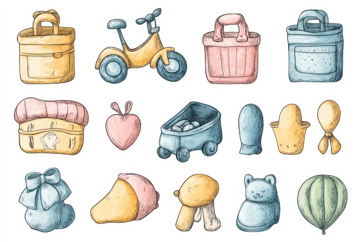 Foto aquarell-illustration von babyspielzeug