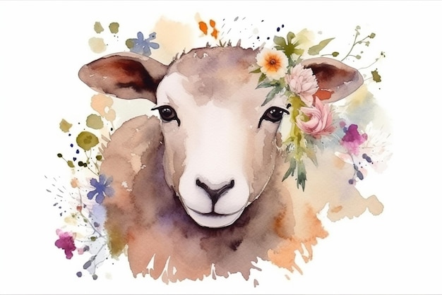 Aquarell-Illustration von braunen Schafen auf einem Bauernhof, umgeben von Blumen und Spritzern von Aquarellfarbe auf weißem Hintergrund, generative KI