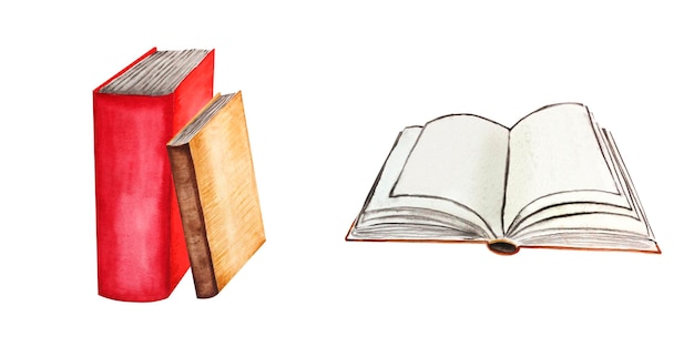 Foto aquarell-illustration von büchern in rot und beige mit braunen farben, die zeichnung ist von hand gefertigt