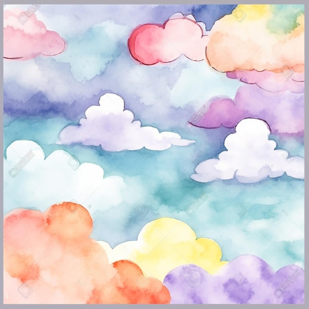 Aquarell-Illustration von bunten Wolken mit einem Hintergrund mit Farbverlauf.