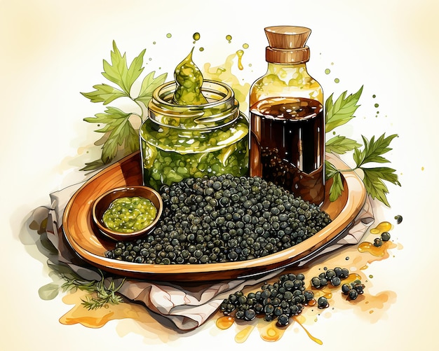 Aquarell-Illustration von Hanfsamen, Hanföl-Tinkturen in einer Flasche, Ölspritzer, Banner für gesunde Ernährung, KI generiert