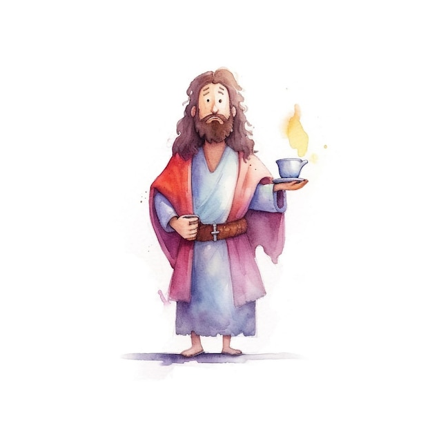 Aquarell-Illustration von Jesus, der eine Tasse Kaffee hält