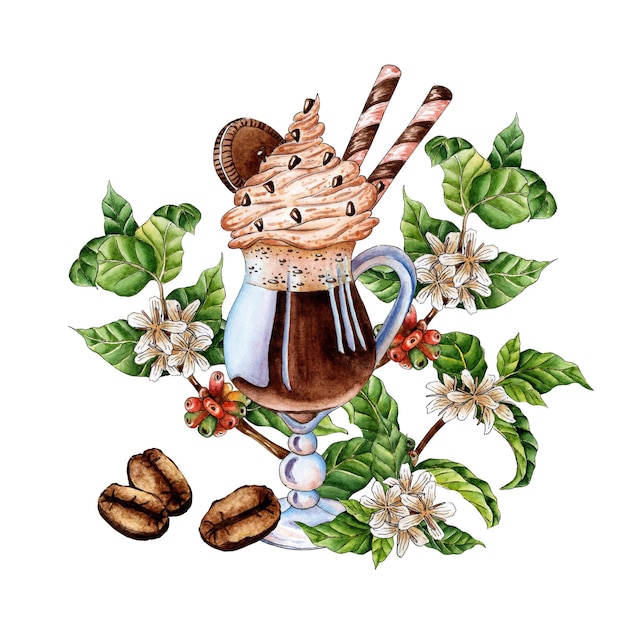 Aquarell-Illustration von Kaffee-Cocktail-Zweigen, Kaffeebohnen und Blumen. Handgezeichnete Aquarell-Illustrationen von Getränken für Grußkarten, Logos, Druckdesign für die Zubereitung von Cappuccino