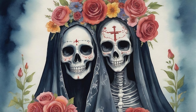 Aquarell-Illustration von La Llorona und La Santa Muerte mit blumengeschmücktem Schädel