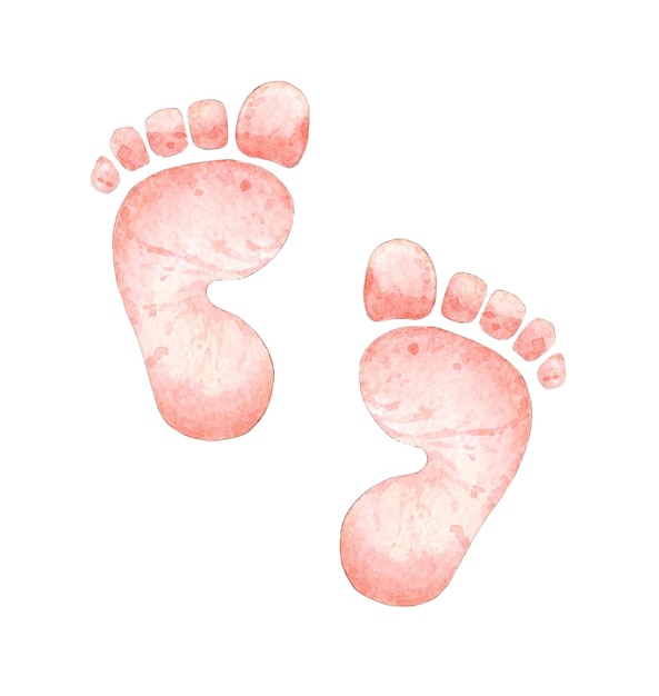 Aquarell-Illustration von rosa Abdrücken von Kinderfüßen. Neugeborenes Hallo Baby, Kleinkind, Baby-Poster, Kinderzimmer-Dekoration, Grußkarte, Einladungskarte, Babyparty-Geburtstag