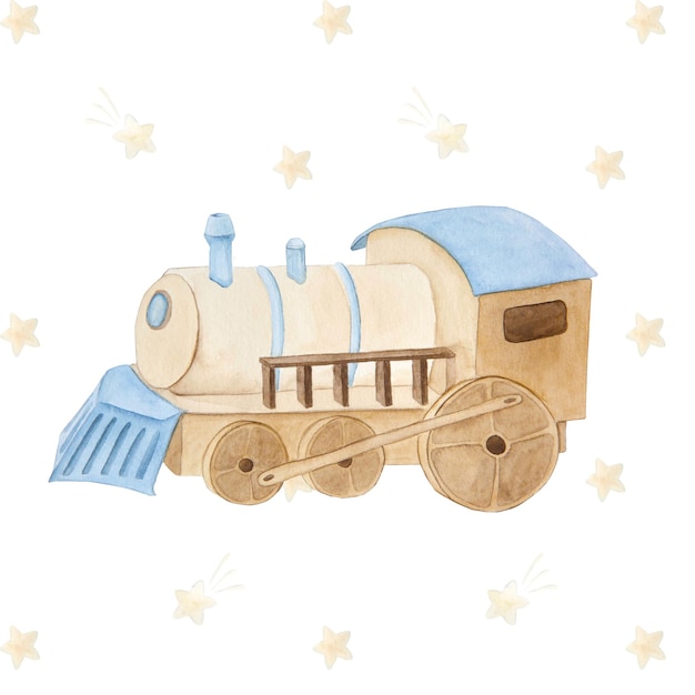Aquarell-Illustration von Vintage-süßen Märchen-Kinderspielzeug-Holzeisenbahn-Sternen-Wolken isoliert