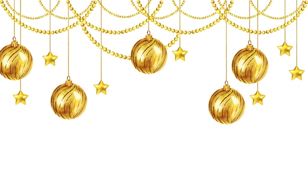 Aquarell-Illustration von Weihnachtsbaum-Spielzeug mit glänzenden Goldkugeln, Girlanden, Weihnachtendekoration