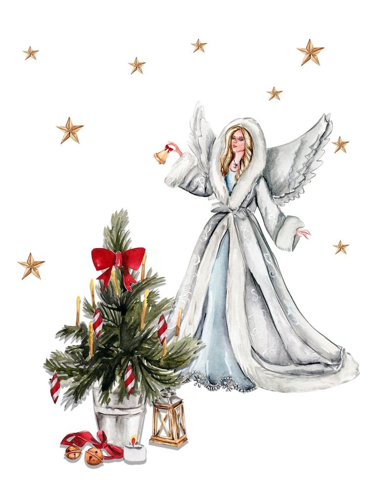 Foto aquarell-illustration von weihnachtsbaum und engel im grauen mantel