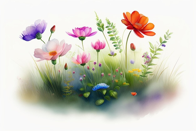 Aquarell-Illustration von Wildblumen, die im Frühling und Sommer auf der Wiese blühen, aigeneriert