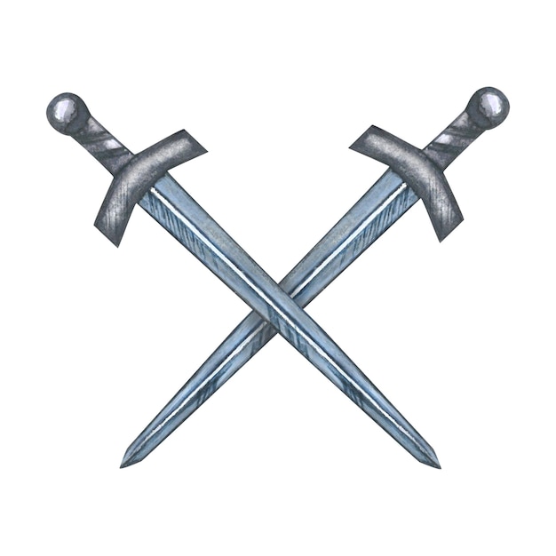 Aquarell-Illustration von zwei gekreuzten Schwertern, die auf weißem Hintergrund isoliert sind