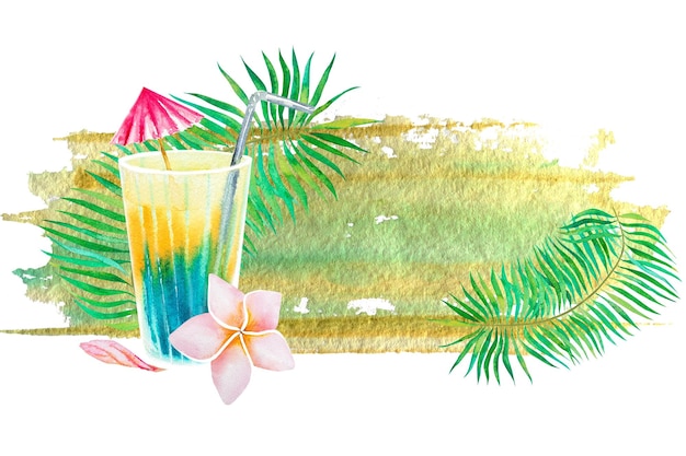 Aquarell-Illustration zu einem tropischen Thema. Zeichnung eines mehrfarbigen Getränks in einem Glas und einer hawaiianischen Blume