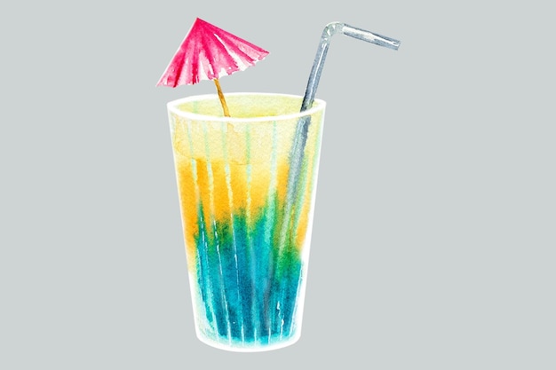 Aquarell-Illustration zu einem tropischen Thema. Zeichnung eines mehrfarbigen Getränks in einem Glas