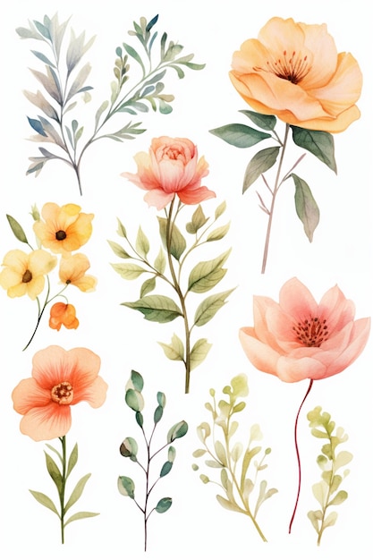 Foto aquarell-illustrationssatz mit vintage-flowers und -blättern