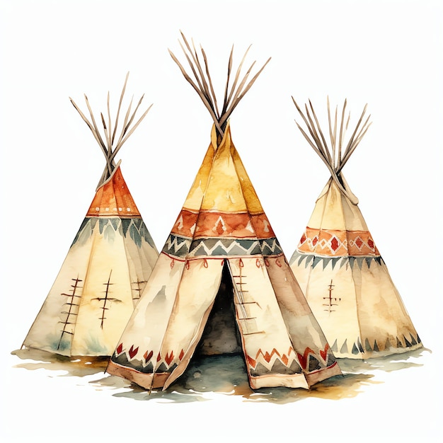 Aquarell Indianer Tipi Camp Western Wild West Cowboy Wüste Illustration