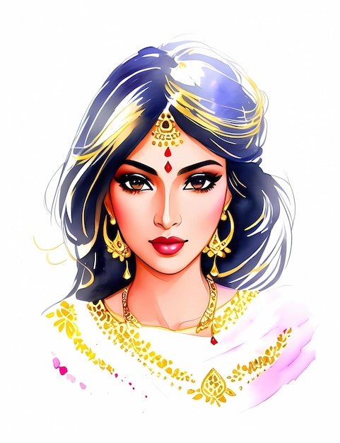 Aquarell indische Frau Malerei Modeillustration Handgezeichnetes Porträt eines hübschen Mädchens auf weißem Hintergrund