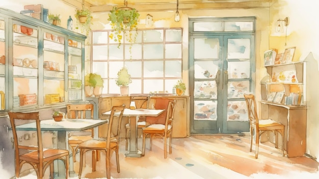 Aquarell-Interieur eines gemütlichen Cafés mit hellem Licht