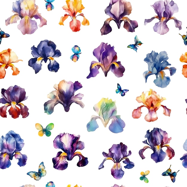 Aquarell-Irisblumen und Aquarell-Schmetterlinge, nahtloses Muster bunt