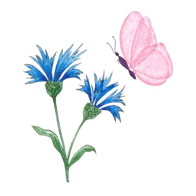 Aquarell isolierte blaue Wildblume mit rosa Schmetterling, handbemalt im Hochzeitslogo im botanischen Stil