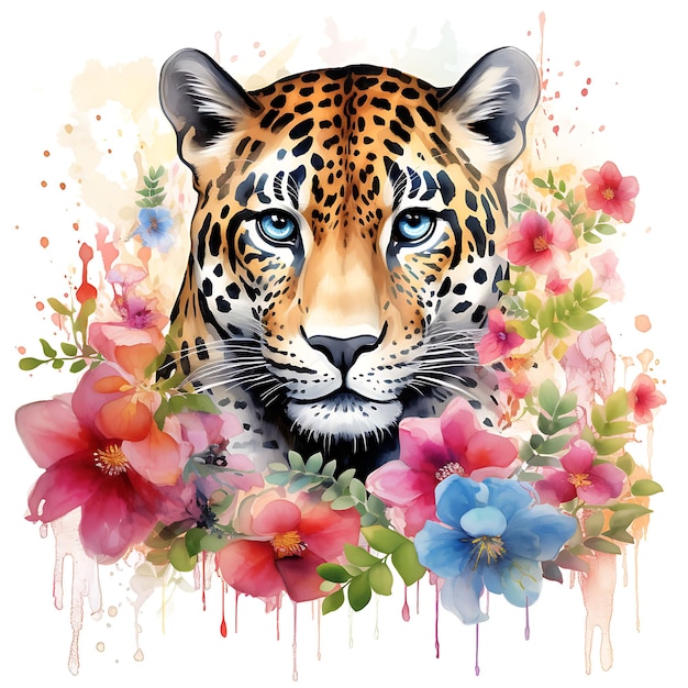 Aquarell-Jaguar-Wildtier, umgeben von Passionsblumen F auf weißem Hintergrund, digitale Kunst