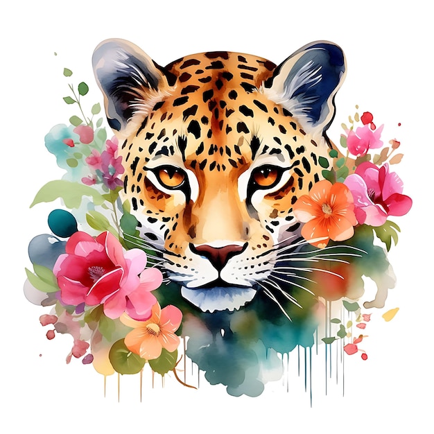 Aquarell-Jaguar-Wildtier, umgeben von Passionsblumen F auf weißem Hintergrund, digitale Kunst