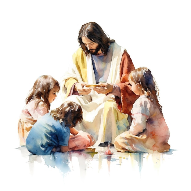 Aquarell Jesus Christus mit Kindern