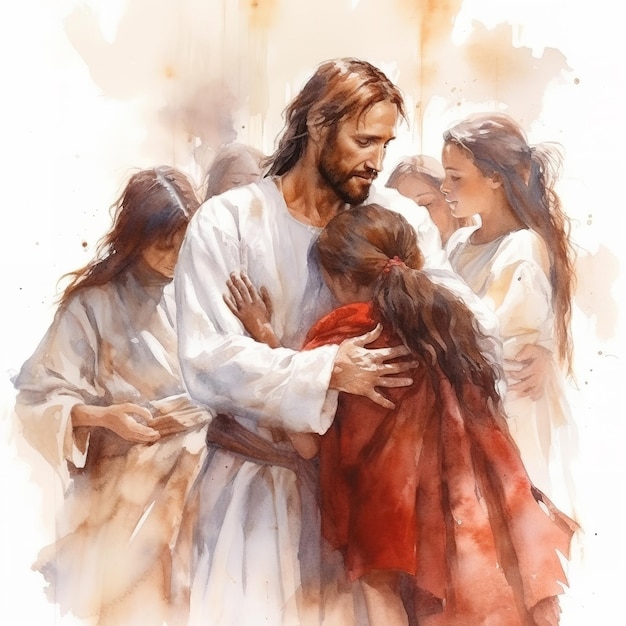 Aquarell Jesus Christus mit Kindern