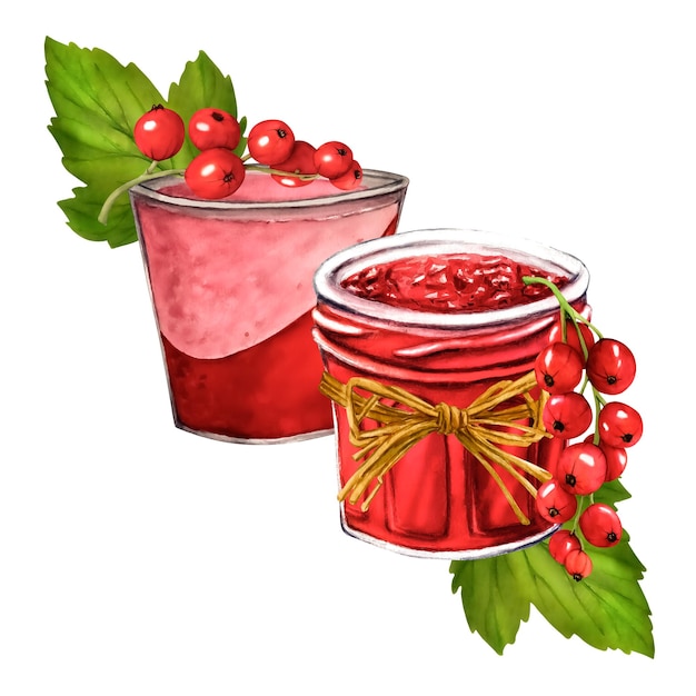 Aquarell-Joghurt mit Johannisbeerbeeren isoliert auf weißem Hintergrund Handgezeichnete Abbildung ClipArt-Beere Jar mit Geleedessert-Joghurt Viva Magenta Farbe