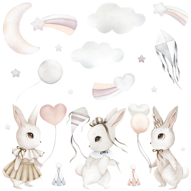 Aquarell Kaninchen Hase Grausatz Ballons süßes süßes Tierporträt in Pastellfarben Aufkleber