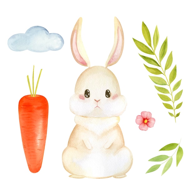 Aquarell-Kaninchen-Set, Karottenpflanzen und Wolken