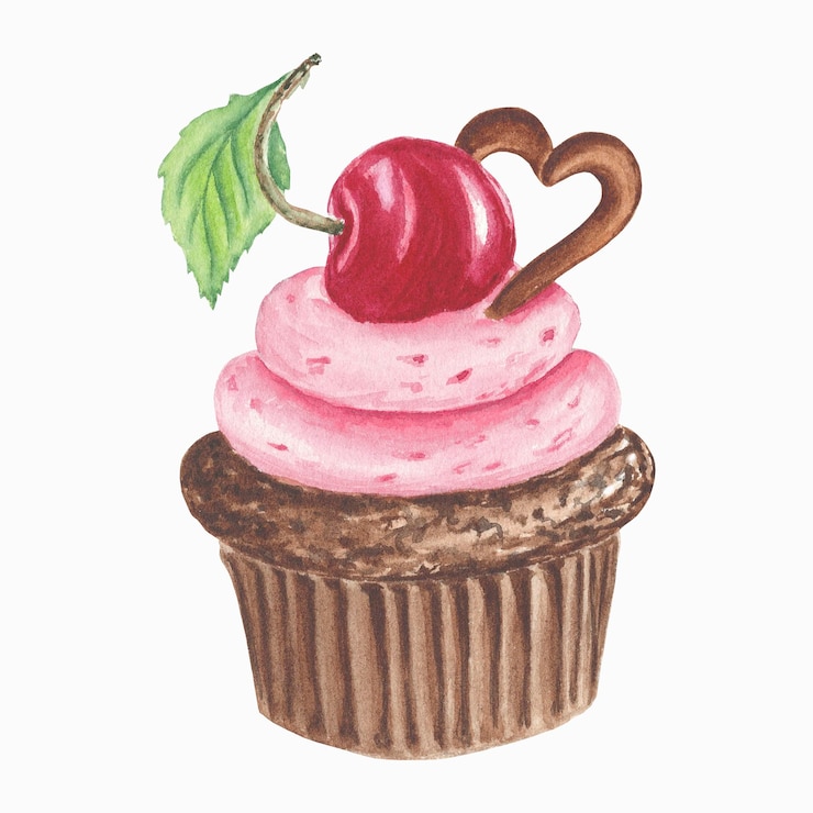 Foto aquarell kirsch dessert gebacken in rosa zuckerguss mit kirschen kuchen cupcake isoliert illustrationen