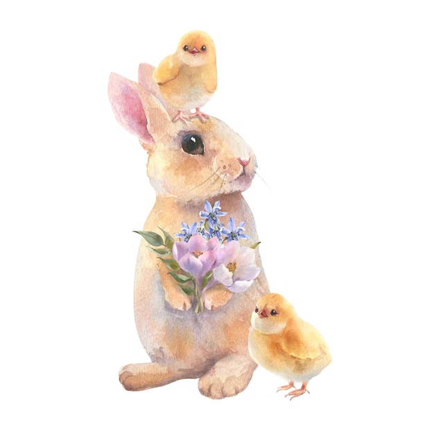 Aquarell kleiner Pfirsichkaninchen mit Frühlingsblumen in den Händen Osterhase mit Blumenstrauß