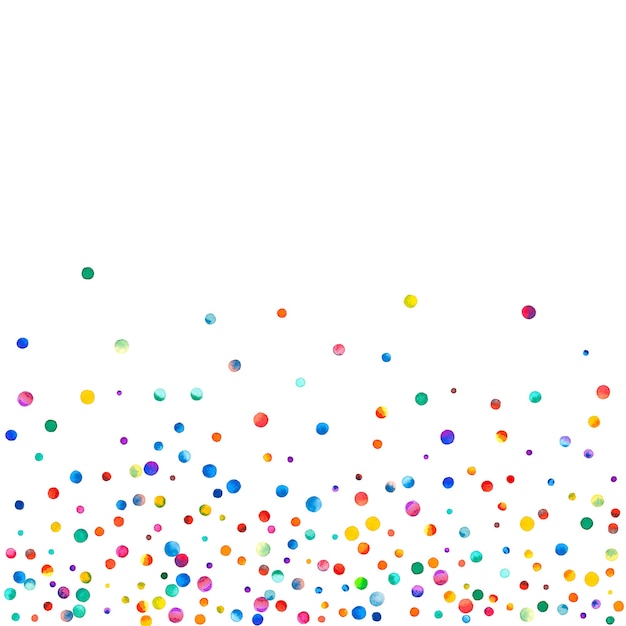 Aquarell Konfetti auf weißem Hintergrund. Bewundernswerte regenbogenfarbene Punkte. Glückliche Feier quadratische bunte helle Karte. Emotionale handgemalte Konfetti.