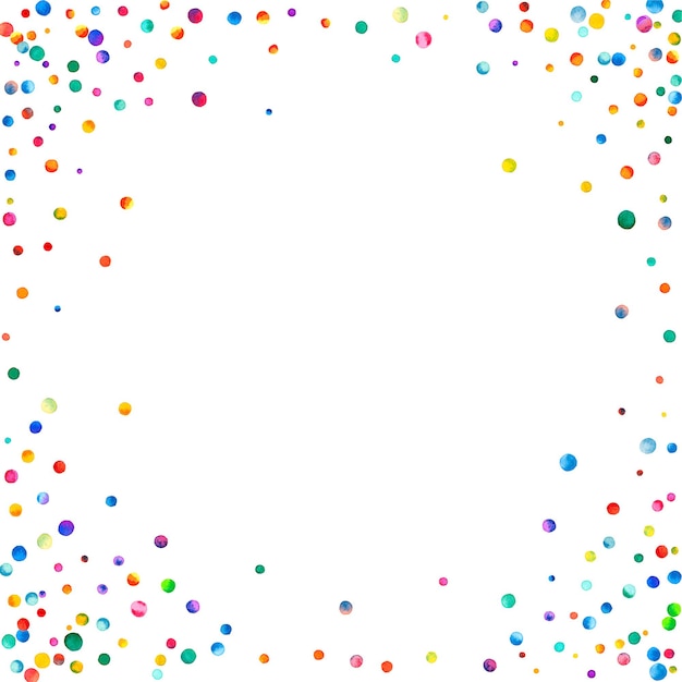 Aquarell Konfetti auf weißem Hintergrund. Bewundernswerte regenbogenfarbene Punkte. Glückliche Feier quadratische bunte helle Karte. Vornehmes handbemaltes Konfetti.