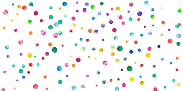 Aquarell Konfetti auf weißem Hintergrund. Entzückende regenbogenfarbene Punkte. Fröhliche Feier breite bunte helle Karte. Bezauberndes handbemaltes Konfetti.