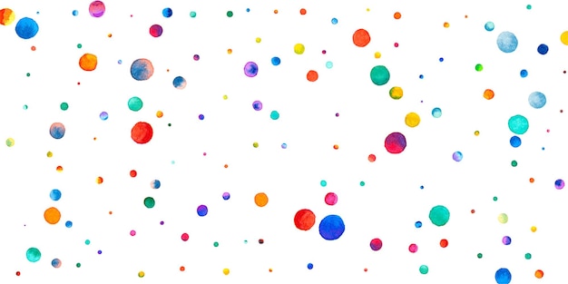 Aquarell Konfetti auf weißem Hintergrund. Lebendige regenbogenfarbene Punkte. Fröhliche Feier breite bunte helle Karte. Angenehmes handgemaltes Konfetti.