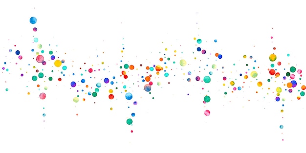 Aquarell Konfetti auf weißem Hintergrund. Lebendige regenbogenfarbene Punkte. Fröhliche Feier breite bunte helle Karte. Ungewöhnliche handbemalte Konfetti.