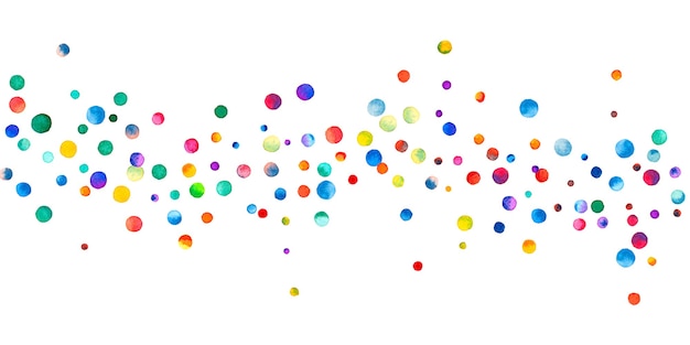 Aquarell Konfetti auf weißem Hintergrund. Lebendige regenbogenfarbene Punkte. Fröhliche Feier breite bunte helle Karte. Wertvolles handbemaltes Konfetti.