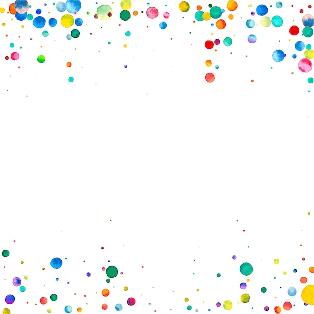 Foto aquarell konfetti auf weißem hintergrund. tatsächliche regenbogenfarbene punkte. glückliche feier quadratische bunte helle karte. elegantes handbemaltes konfetti.