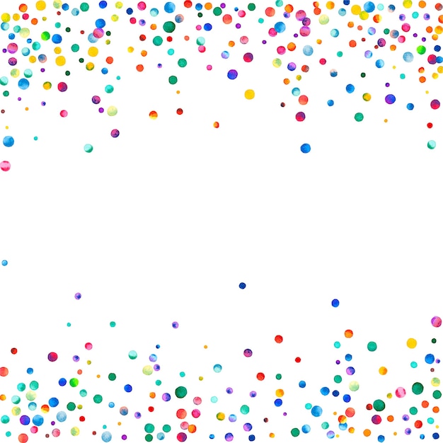 Aquarell Konfetti auf weißem Hintergrund. Tatsächliche regenbogenfarbene Punkte. Glückliche Feier quadratische bunte helle Karte. Kreatives handbemaltes Konfetti.