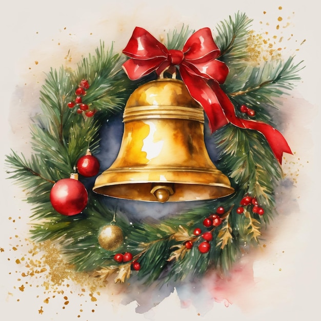 Foto aquarell-kranz mit goldener glocke funkelnde weihnachtsdekoration