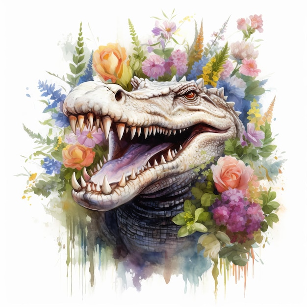 Aquarell-Krokodil mit Blumen isoliert auf weißem Hintergrund, handgezeichnete Illustration