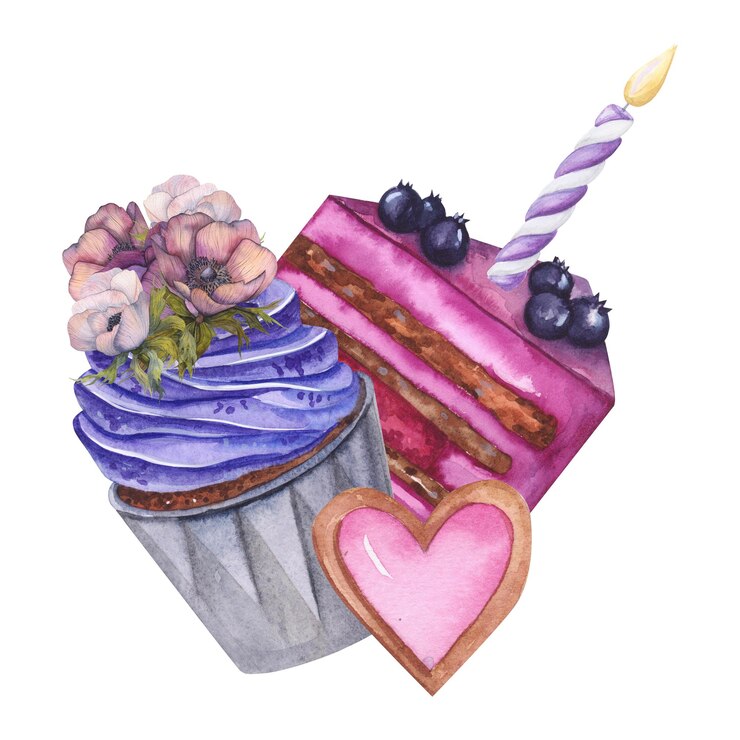 Foto aquarell kuchen dekoriert mit süßigkeiten anemonen süßigkeiten und herzen handbemalte karte isoliert auf weißem hintergrund illustration für design-postkarten textile hochzeit