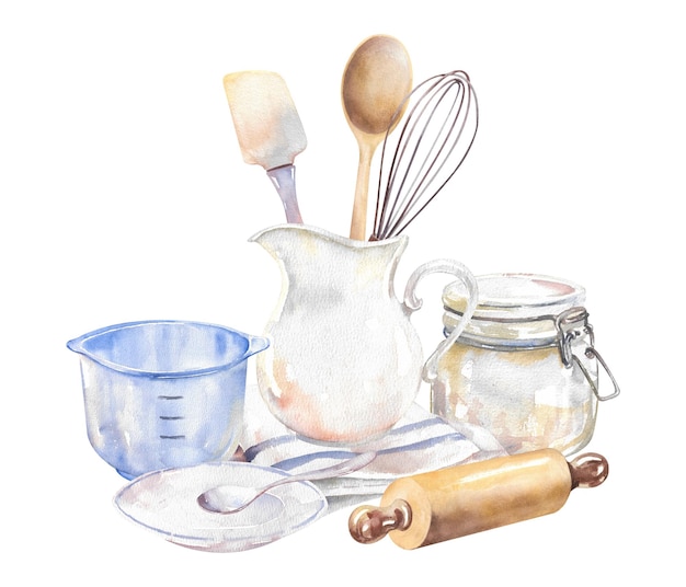 Aquarell-Küchenwarenkomposition Handgezeichnete Illustration auf weißem Hintergrund