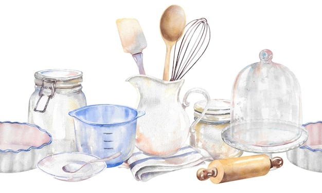 Aquarell-Küchenwarenrahmen mit handgezeichneter Illustration auf weißem Hintergrund