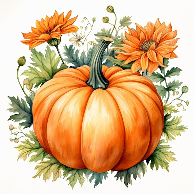 Aquarell-Kürbis Clip Art Oraange-Kürbiss mit Blumen für Thanksgiving Day oder Halloween, generiert von KI