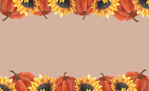 Aquarell Kürbisse Sonnenblumen Rahmen Vorlage Thanksgiving braunes Design Erntefest dcor Herbst