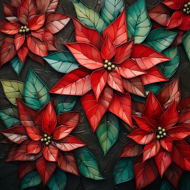 Aquarell Kunst der Poinsettien Helle Weihnachtsblüten Rote Blätter Grüner Hintergrund Schönheit Nasser Rahmen