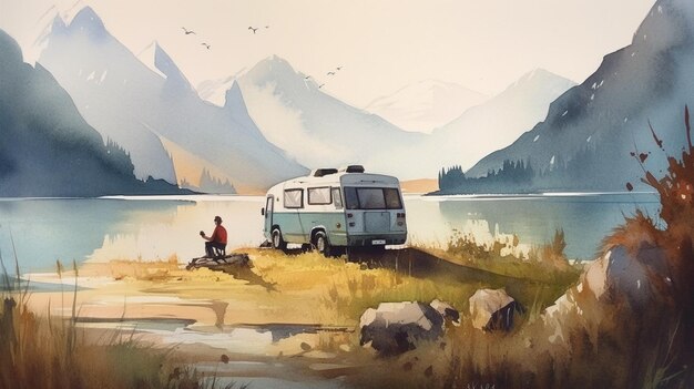 Aquarell-Landschaft, Camping-Familie im Freien, Angeln, Wald und Berge. Generative KI