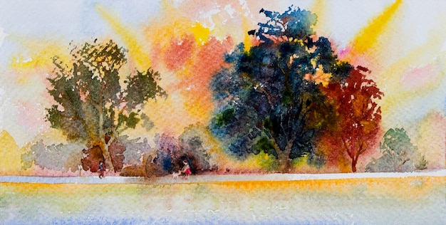 Aquarell Landschaft Originalgemälde auf Papier bunt von Mädchen Junge Katze gehen auf der Straße spazieren und gelb rot grün Blatt Baum Feld Bauernhof Himmel Hintergrund Handgemalte Schönheit der Natur Herbstsaison